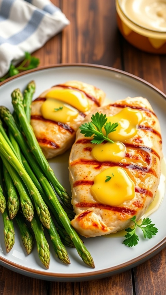 Grilled chicken with garlic butter and asparagus on a plate, garnished with parsley.